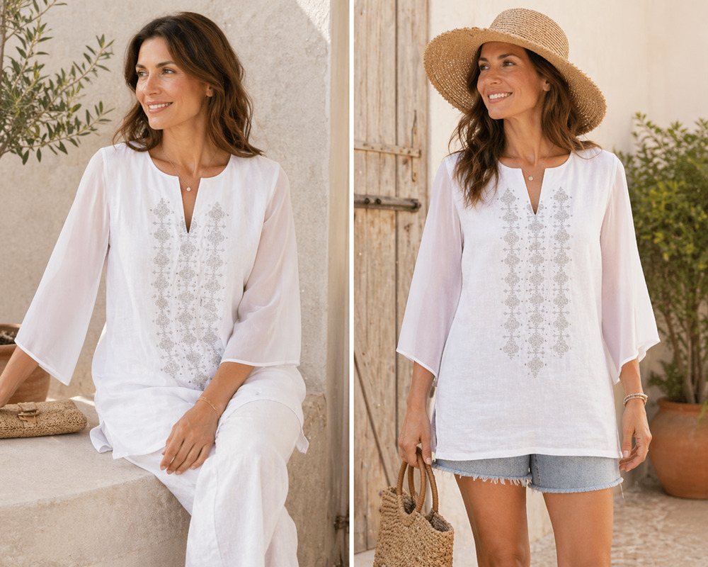 White Linen Tunic Top Silver Embroidered Sheer Sleeve Boho Coastal Blouse Sz-L